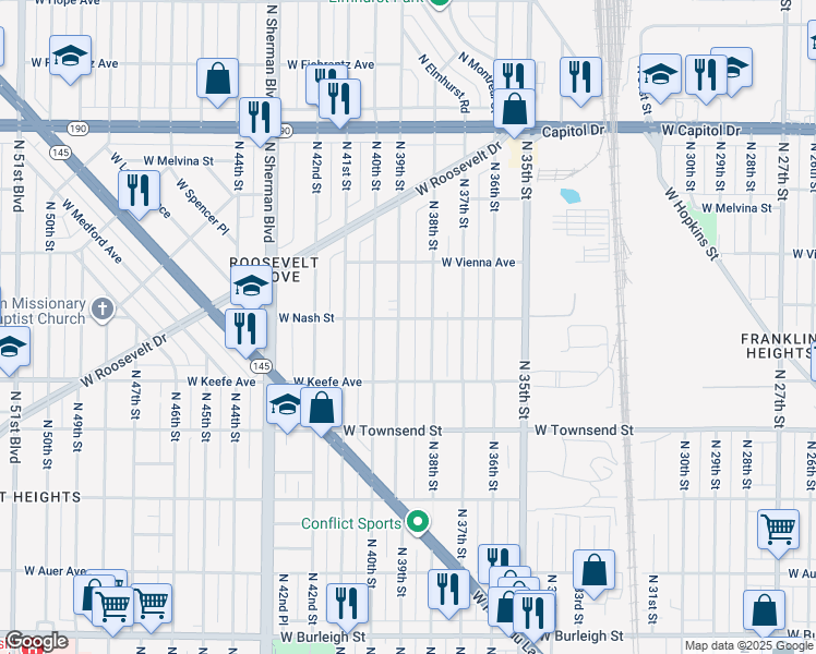 map of restaurants, bars, coffee shops, grocery stores, and more near 3832 West Nash Street in Milwaukee