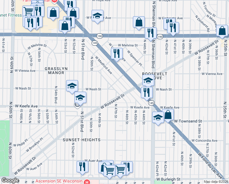 map of restaurants, bars, coffee shops, grocery stores, and more near 4696 West Scranton Place in Milwaukee