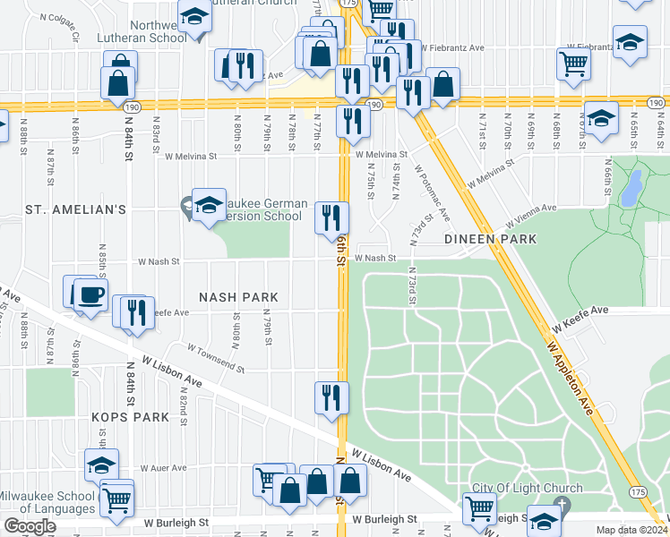 map of restaurants, bars, coffee shops, grocery stores, and more near 3702 North 77th Street in Milwaukee