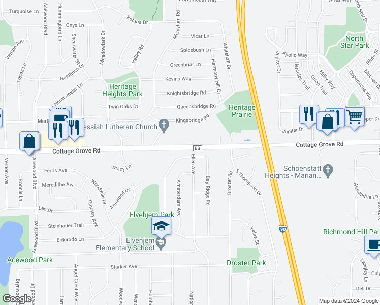 map of restaurants, bars, coffee shops, grocery stores, and more near 5218 County Road BB in Madison
