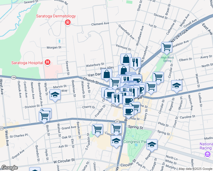 map of restaurants, bars, coffee shops, grocery stores, and more near 68 Church St in Saratoga Springs