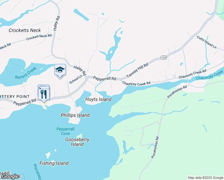 map of restaurants, bars, coffee shops, grocery stores, and more near 5 Keen Avenue in Kittery