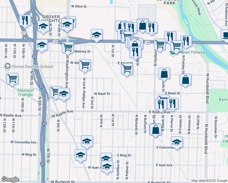 map of restaurants, bars, coffee shops, grocery stores, and more near 104 East Nash Street in Milwaukee