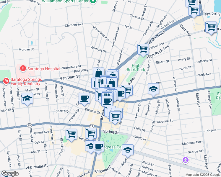 map of restaurants, bars, coffee shops, grocery stores, and more near New York 29 Truck & Walton Street in Saratoga Springs