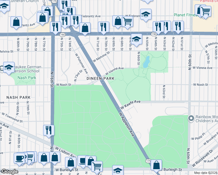 map of restaurants, bars, coffee shops, grocery stores, and more near 6960 West Appleton Avenue in Milwaukee