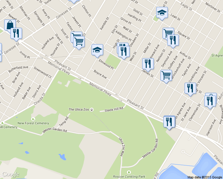 map of restaurants, bars, coffee shops, grocery stores, and more near 211 Pleasant Street in Utica