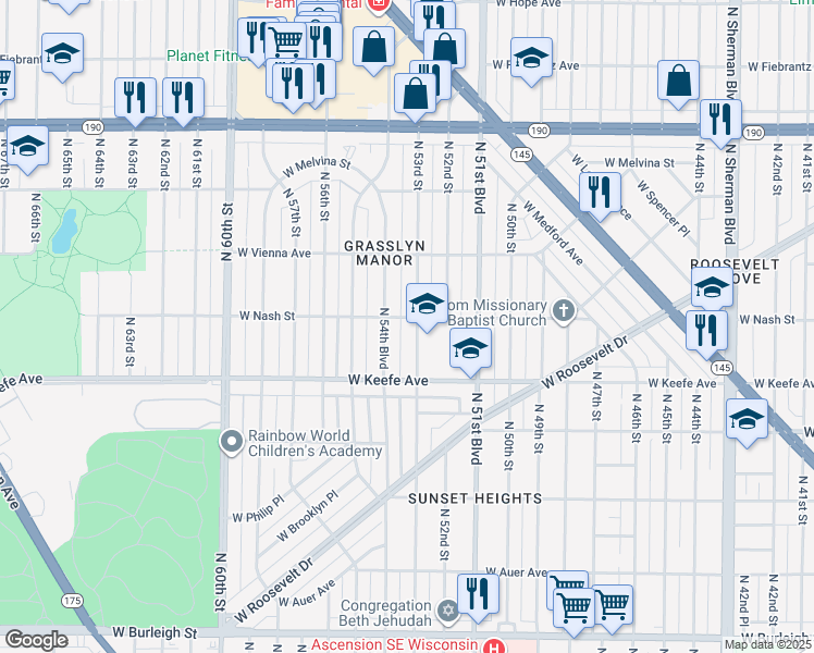 map of restaurants, bars, coffee shops, grocery stores, and more near 3702 North 53rd Street in Milwaukee