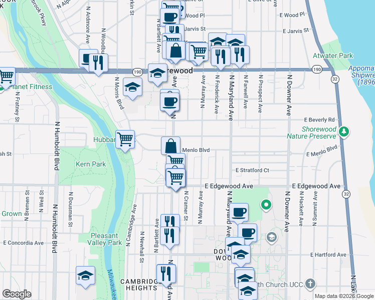 map of restaurants, bars, coffee shops, grocery stores, and more near N Cramer St & E Menlo Blvd in Shorewood