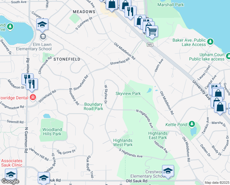 map of restaurants, bars, coffee shops, grocery stores, and more near 1418 East Skyline Drive in Madison