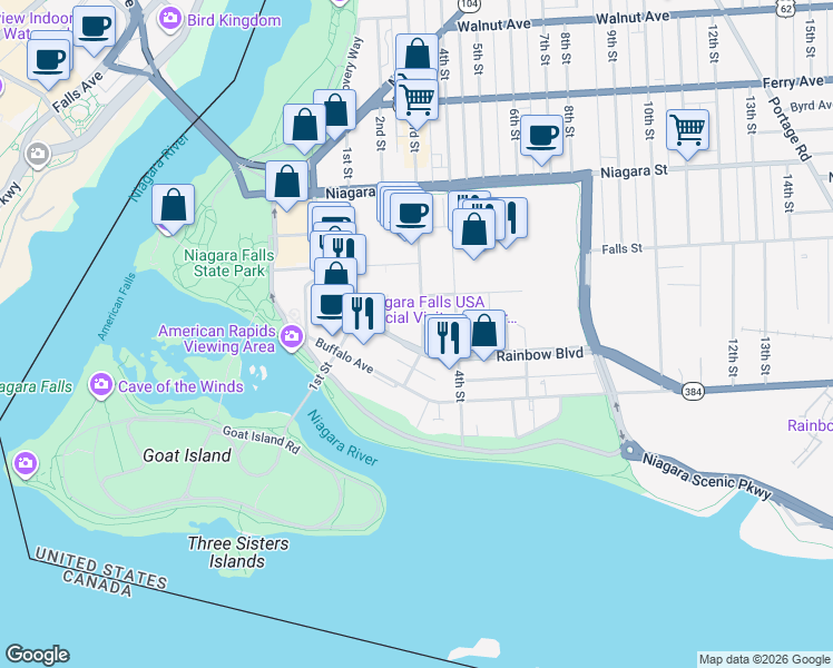 map of restaurants, bars, coffee shops, grocery stores, and more near 250 Rainbow Boulevard in Niagara Falls