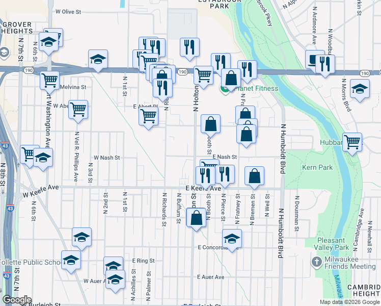 map of restaurants, bars, coffee shops, grocery stores, and more near 301 E Vienna Ave in Milwaukee