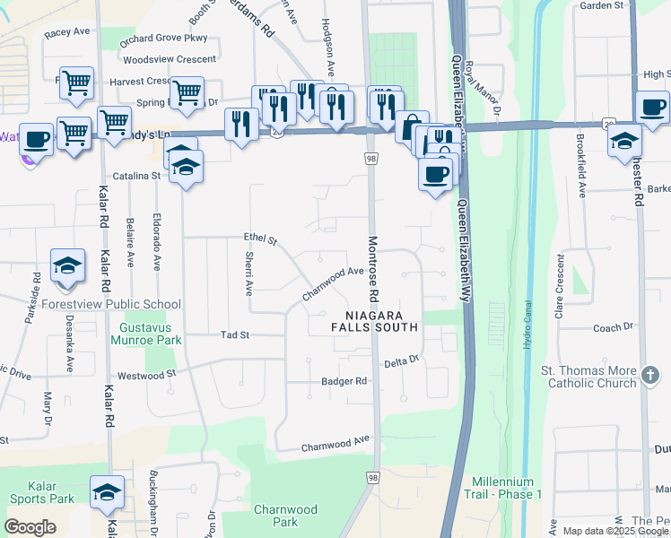 map of restaurants, bars, coffee shops, grocery stores, and more near 6179 Charnwood Avenue in Niagara Falls