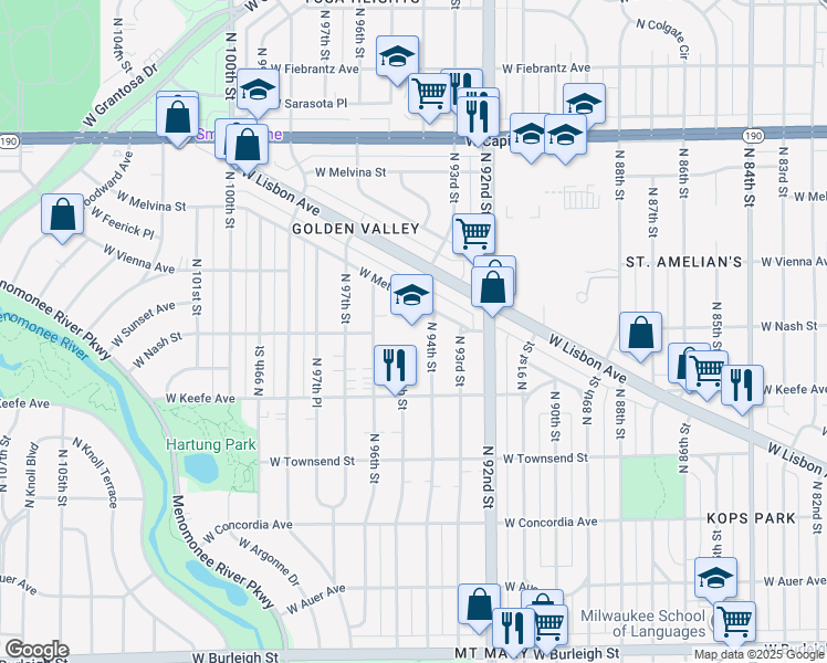 map of restaurants, bars, coffee shops, grocery stores, and more near 3707 North 94th Street in Milwaukee