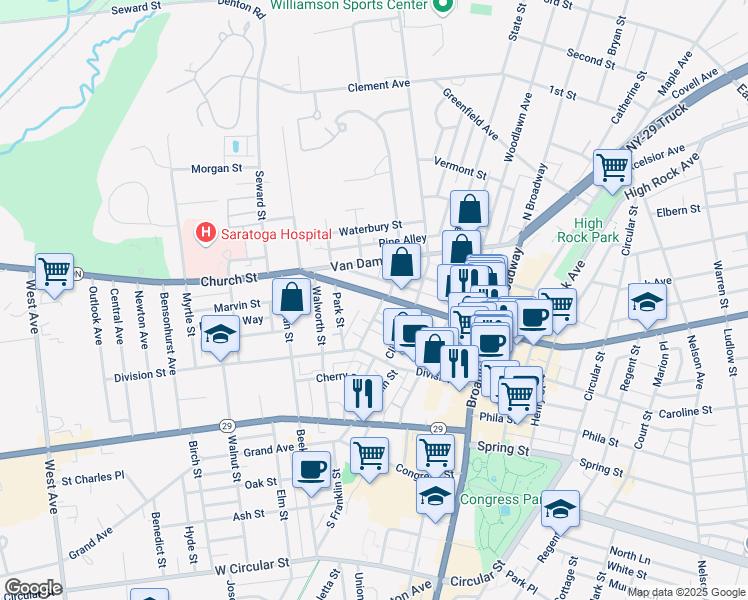 map of restaurants, bars, coffee shops, grocery stores, and more near 25 Lawrence Street in Saratoga Springs