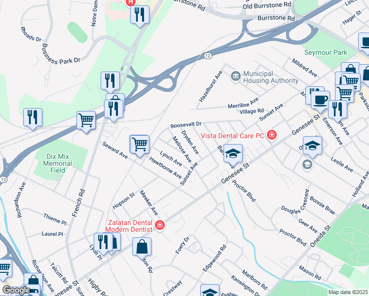 map of restaurants, bars, coffee shops, grocery stores, and more near 114 Dryden Avenue in Utica