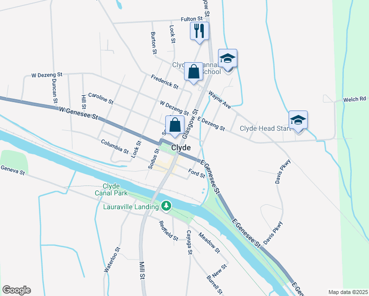 map of restaurants, bars, coffee shops, grocery stores, and more near in Clyde