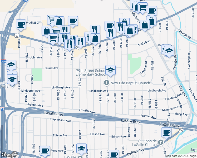 map of restaurants, bars, coffee shops, grocery stores, and more near 557 78th Street in Niagara Falls