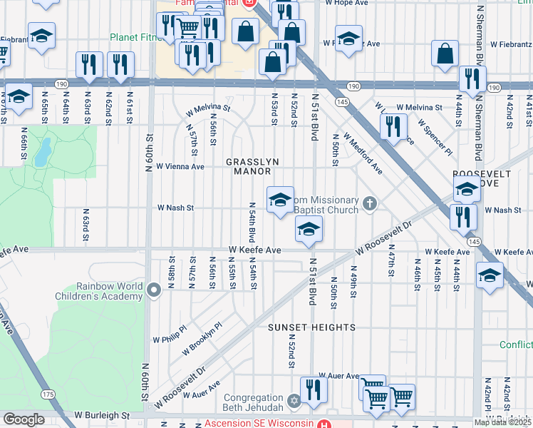 map of restaurants, bars, coffee shops, grocery stores, and more near 3702 North 53rd Street in Milwaukee