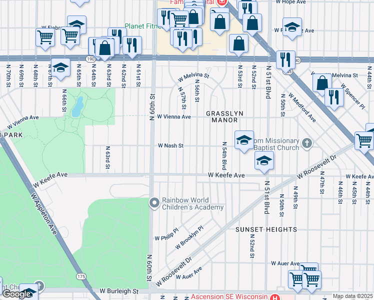 map of restaurants, bars, coffee shops, grocery stores, and more near 5626 West Nash Street in Milwaukee
