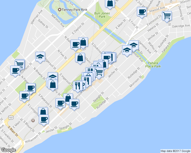map of restaurants, bars, coffee shops, grocery stores, and more near 1231 East Wilson Street in Madison