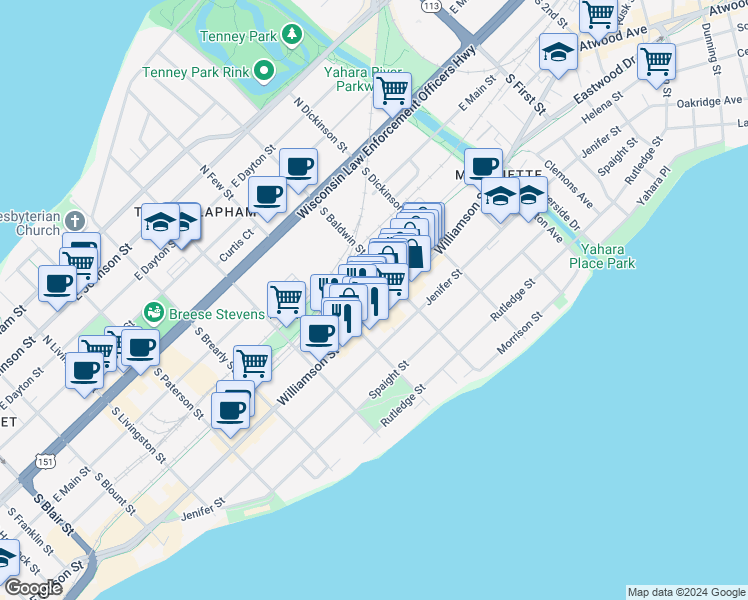 map of restaurants, bars, coffee shops, grocery stores, and more near 1231 East Wilson Street in Madison