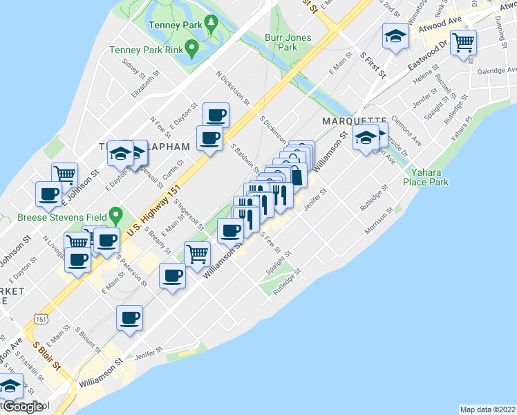 map of restaurants, bars, coffee shops, grocery stores, and more near 1231 East Wilson Street in Madison