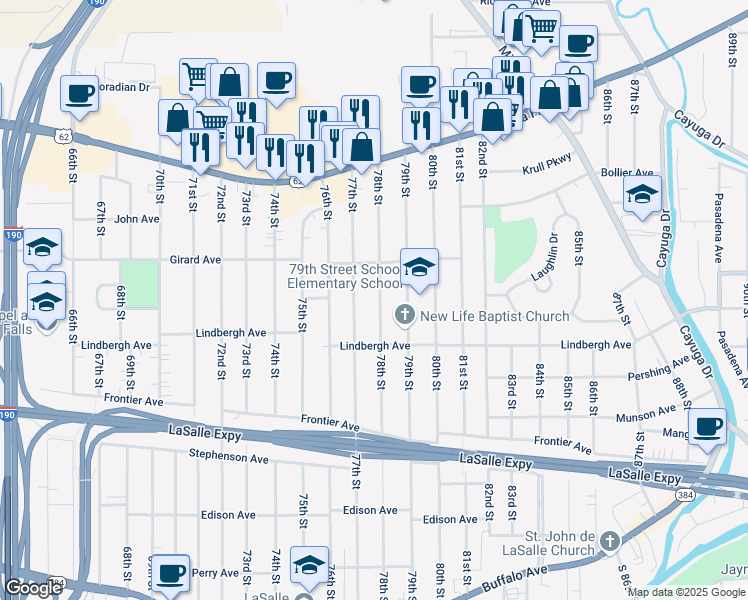 map of restaurants, bars, coffee shops, grocery stores, and more near 557 78th Street in Niagara Falls