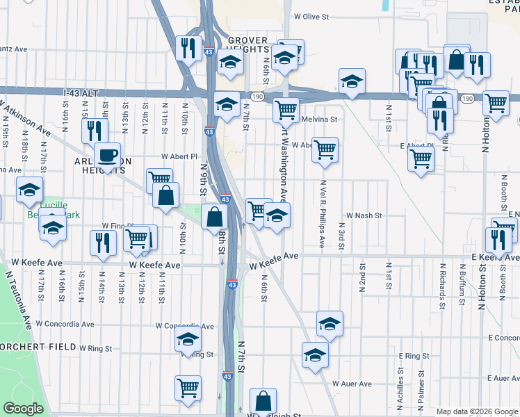 map of restaurants, bars, coffee shops, grocery stores, and more near 3707 North 6th Street in Milwaukee