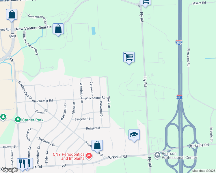 map of restaurants, bars, coffee shops, grocery stores, and more near 6461 Wells Drive in East Syracuse