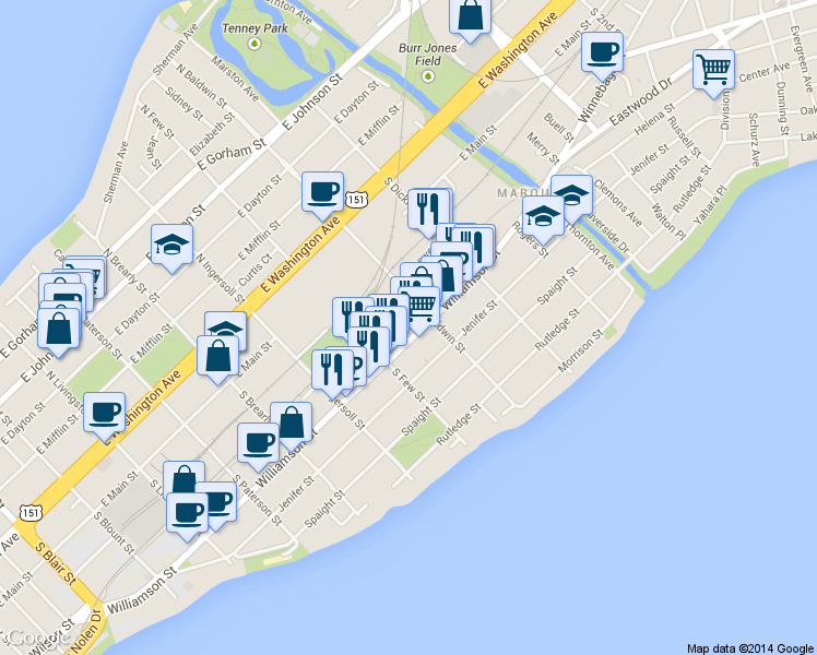 map of restaurants, bars, coffee shops, grocery stores, and more near 1231 East Wilson Street in Madison