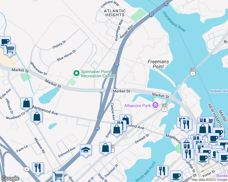 map of restaurants, bars, coffee shops, grocery stores, and more near Market Street in Portsmouth