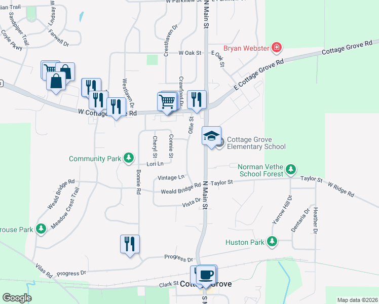 map of restaurants, bars, coffee shops, grocery stores, and more near 450 Ollie Street in Cottage Grove