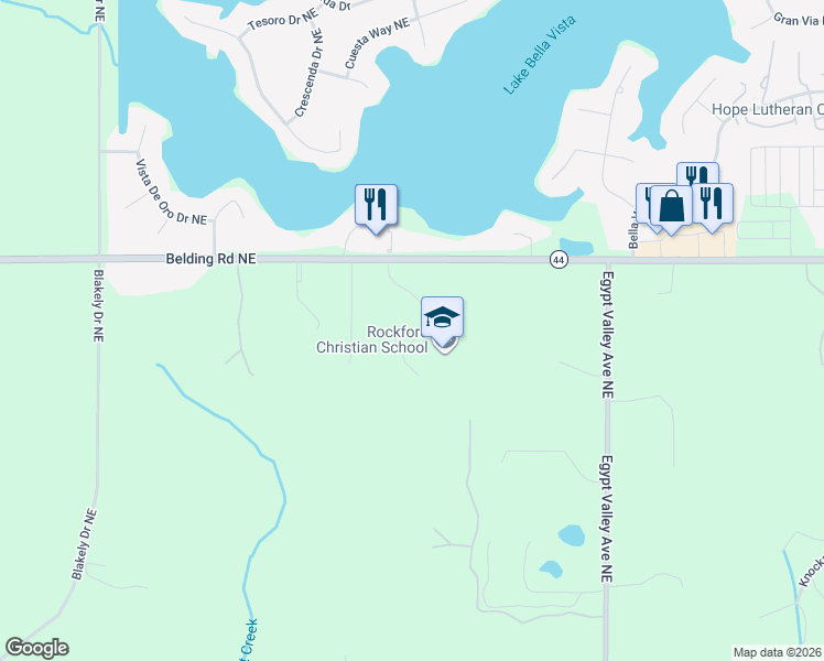 map of restaurants, bars, coffee shops, grocery stores, and more near 6084 Belding Road Northeast in Rockford