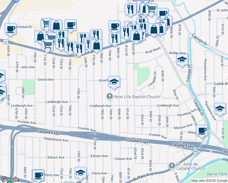 map of restaurants, bars, coffee shops, grocery stores, and more near 551 79th Street in Niagara Falls