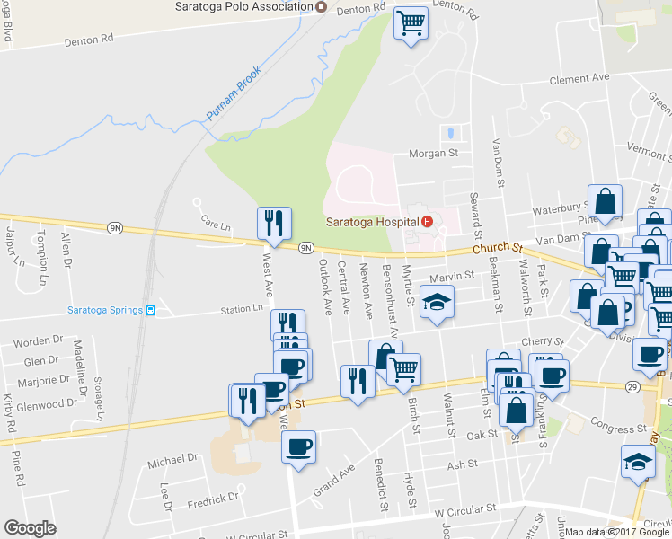 map of restaurants, bars, coffee shops, grocery stores, and more near 65 Central Avenue in Saratoga Springs