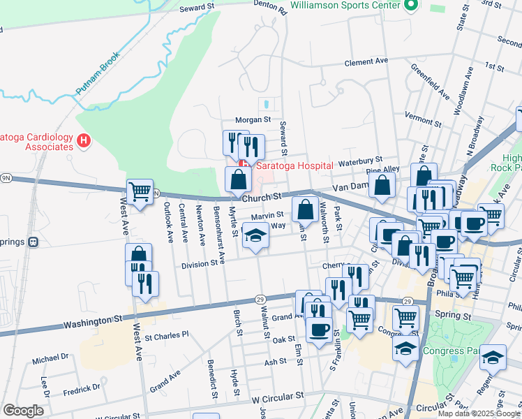 map of restaurants, bars, coffee shops, grocery stores, and more near 5 Van Rensselaer Street in Saratoga Springs