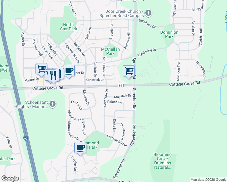 map of restaurants, bars, coffee shops, grocery stores, and more near 6326 Maywick Drive in Madison