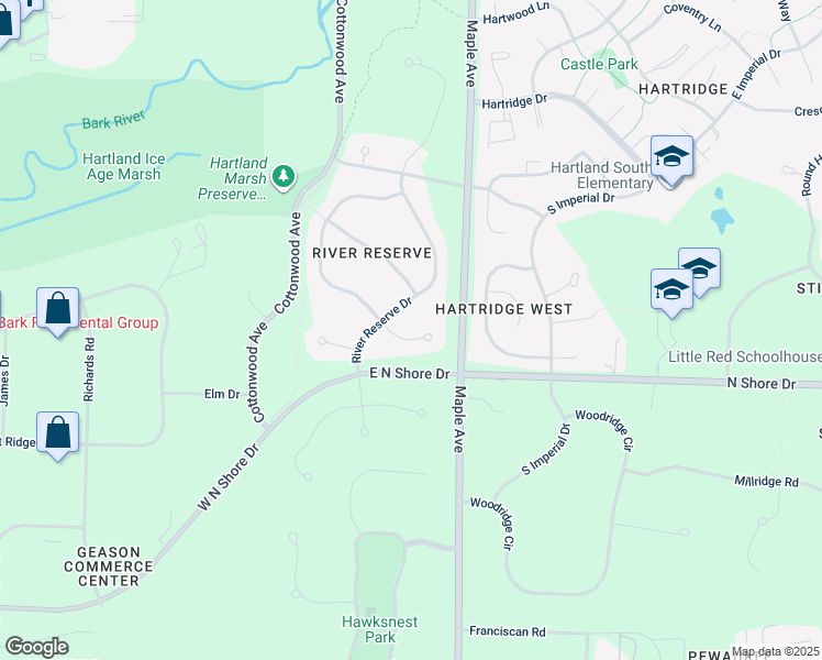 map of restaurants, bars, coffee shops, grocery stores, and more near 1018 Woods Drive in Hartland