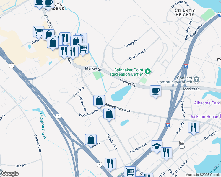 map of restaurants, bars, coffee shops, grocery stores, and more near Market St in Portsmouth