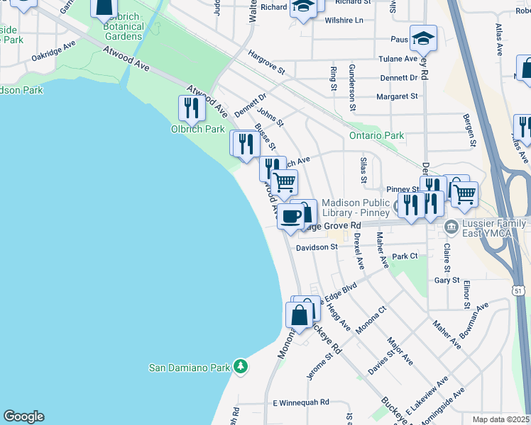 map of restaurants, bars, coffee shops, grocery stores, and more near 3825 Monona Drive in Monona