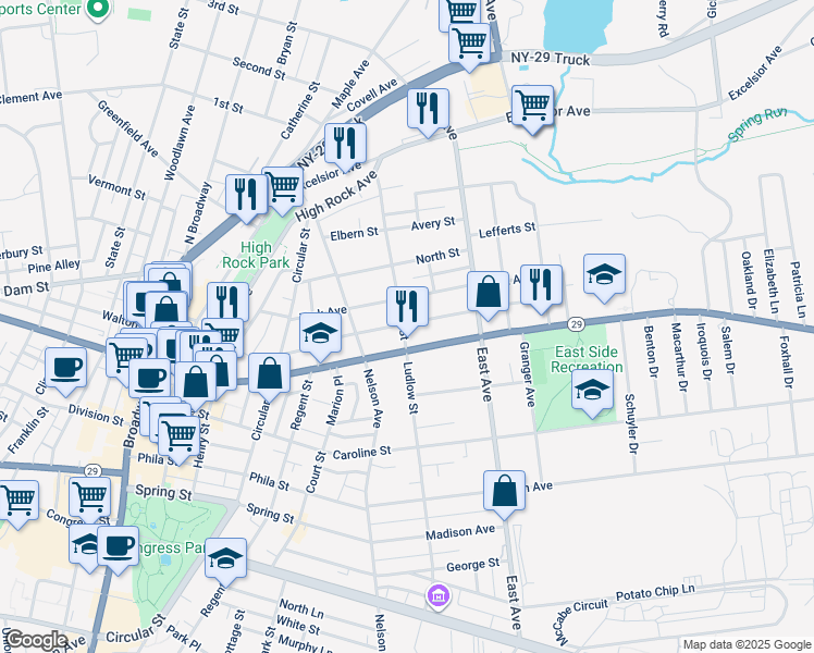 map of restaurants, bars, coffee shops, grocery stores, and more near 10 Warren Street in Saratoga Springs