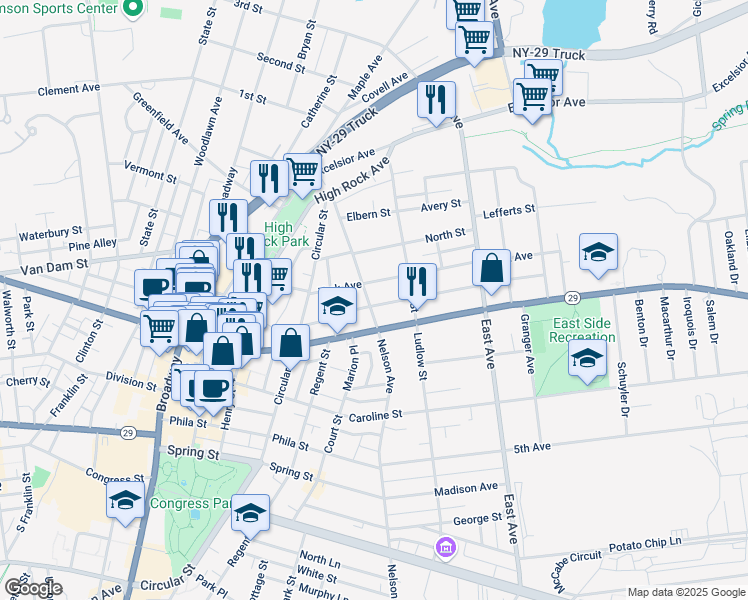 map of restaurants, bars, coffee shops, grocery stores, and more near 81 Middle Avenue in Saratoga Springs