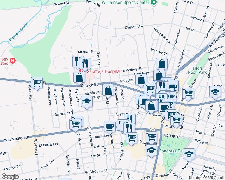 map of restaurants, bars, coffee shops, grocery stores, and more near 101 Walworth Street in Saratoga Springs