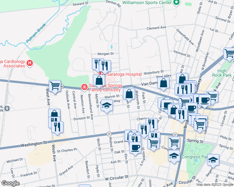 map of restaurants, bars, coffee shops, grocery stores, and more near 212 Church Street in Saratoga Springs