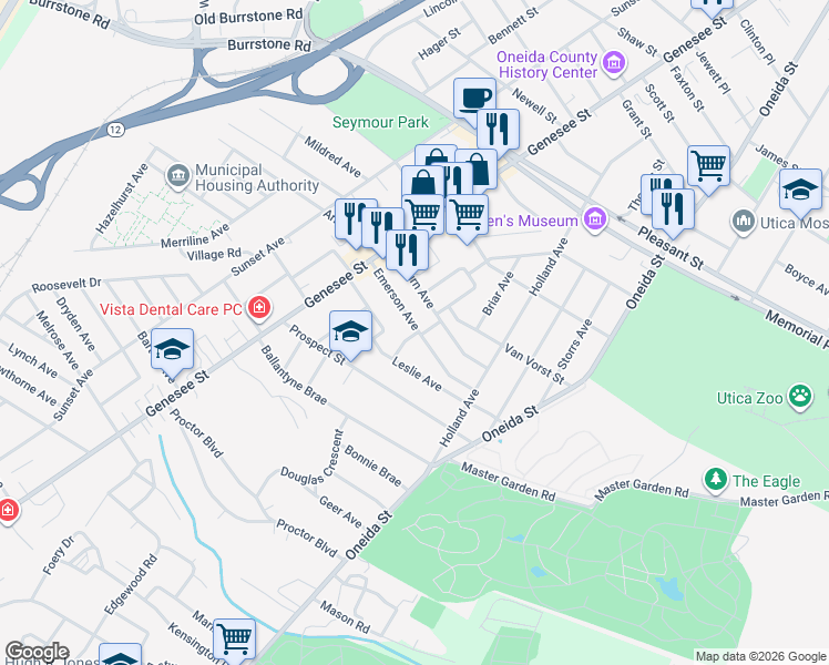 map of restaurants, bars, coffee shops, grocery stores, and more near 42 Auburn Avenue in Utica