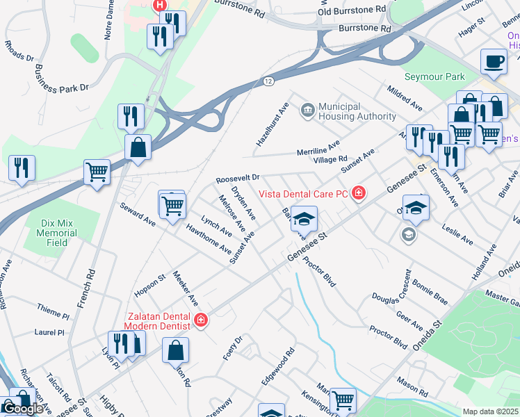 map of restaurants, bars, coffee shops, grocery stores, and more near 104 Cornwall Avenue in Utica