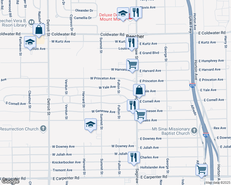 map of restaurants, bars, coffee shops, grocery stores, and more near 1080 North Cornell Avenue in Flint