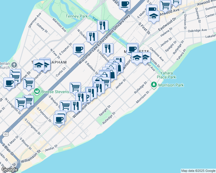 map of restaurants, bars, coffee shops, grocery stores, and more near 1301 Williamson Street in Madison