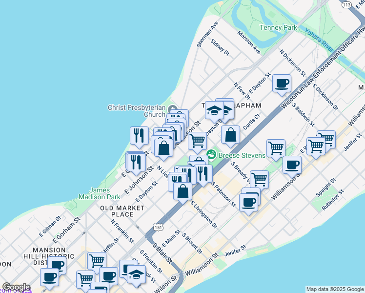 map of restaurants, bars, coffee shops, grocery stores, and more near 901 East Johnson Street in Madison