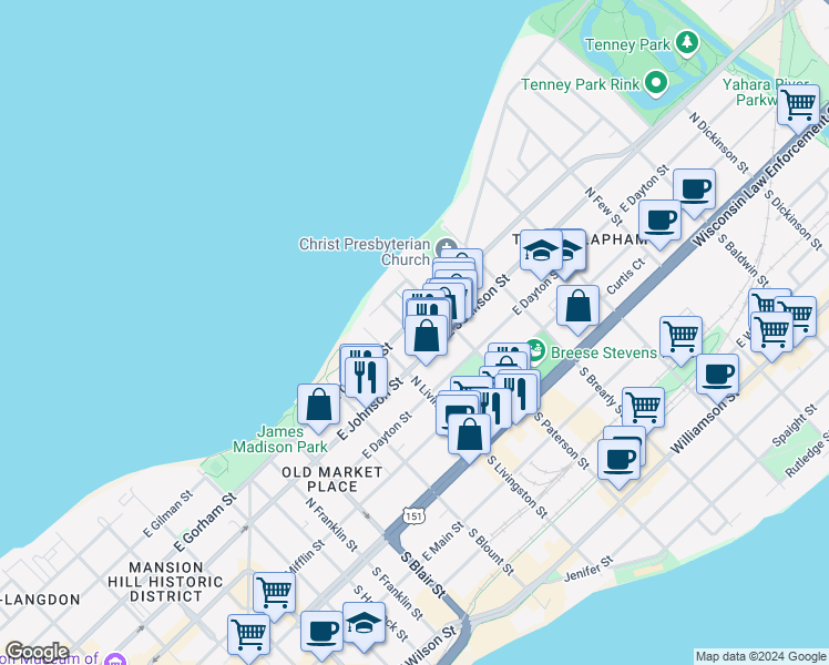 map of restaurants, bars, coffee shops, grocery stores, and more near 837 East Gorham Street in Madison